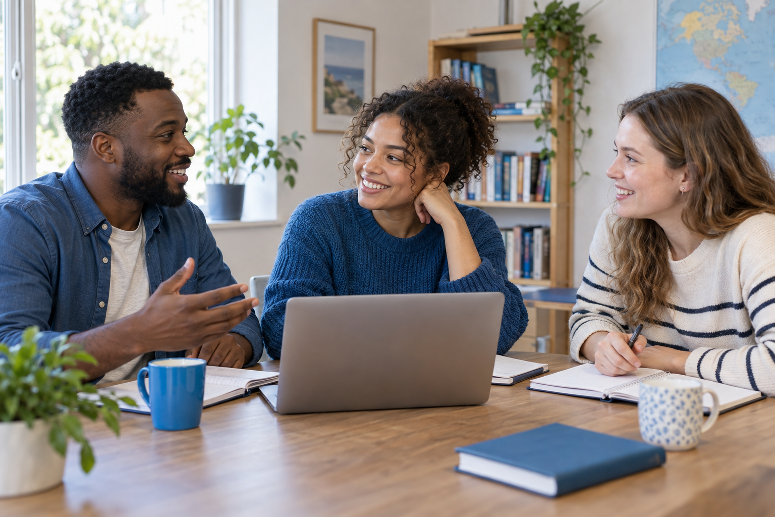 Cena ilustrativa de adultos conversando e aprendendo juntos com um notebook